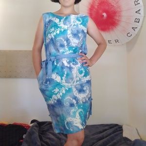 Tropical Blue 1960s Sleeveless Boatneck Shift Dress